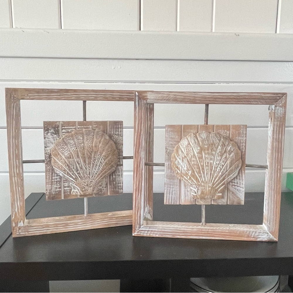 $10 SALE 2Pc Wooden Coastal Shell Wall Art Set Cream Tan Sea Ocean Nautical - Picture 6 of 7
